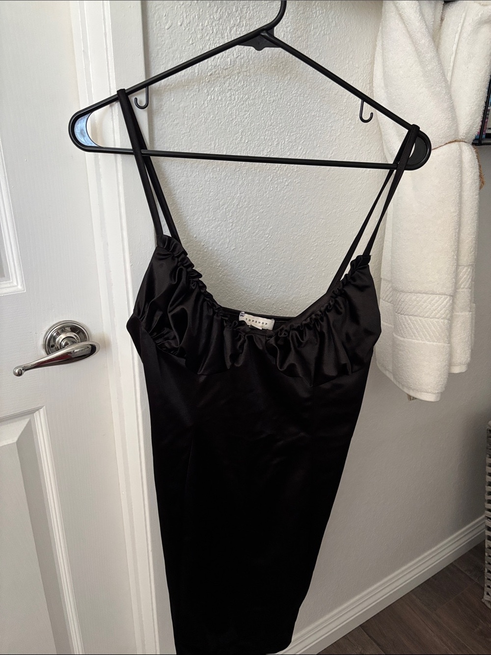 Topshop Black Satin Mini Dress with Ruffled Neckline
